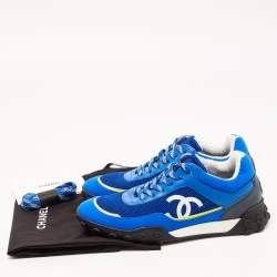 Pre Owned Chanel Blue/White Mesh and Leather CC Low Top Sneakers Size 37.5