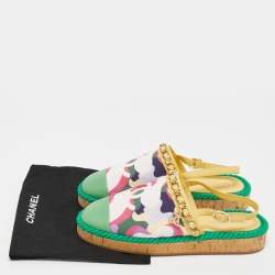 Pre Owned Chanel Multicolor Printed Canvas and Leather CC Chain Link Slingback Flats Size 39