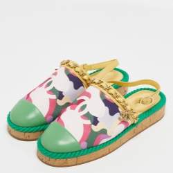 Pre Owned Chanel Multicolor Printed Canvas and Leather CC Chain Link Slingback Flats Size 39