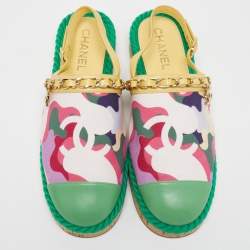 Pre Owned Chanel Multicolor Printed Canvas and Leather CC Chain Link Slingback Flats Size 39