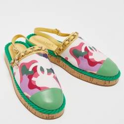 Pre Owned Chanel Multicolor Printed Canvas and Leather CC Chain Link Slingback Flats Size 39