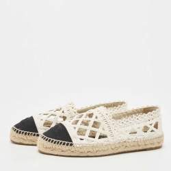 Chanel White/Black Canvas and Raffia Interlocking CC Logo Espadrilles Size 40