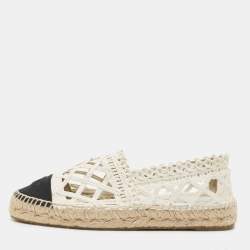 Chanel White/Black Canvas and Raffia Interlocking CC Logo Espadrilles Size 40