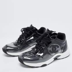 Pre Owned Chanel Black Patent Leather and PVC CC Low Top Sneakers Size 37.5