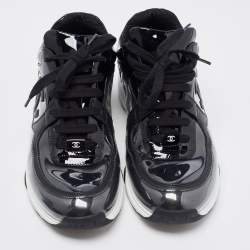 Pre Owned Chanel Black Patent Leather and PVC CC Low Top Sneakers Size 37.5
