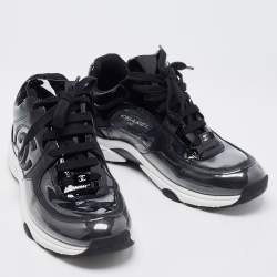 Pre Owned Chanel Black Patent Leather and PVC CC Low Top Sneakers Size 37.5