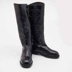 Chanel Black Leather CC Embossed Calf Boots Size 39