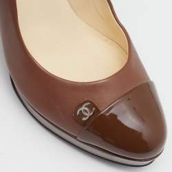 Pre Owned Chanel Brown Leather and Patent Cap Toe CC Platform Pumps Size 37