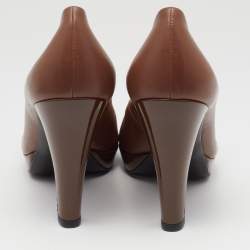 Pre Owned Chanel Brown Leather and Patent Cap Toe CC Platform Pumps Size 37