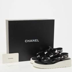 Pre Owned Chanel Black Patent Leather CC Velcro Strap Sandals Size 36