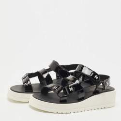 Pre Owned Chanel Black Patent Leather CC Velcro Strap Sandals Size 36