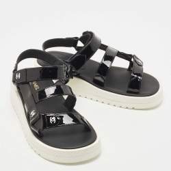 Pre Owned Chanel Black Patent Leather CC Velcro Strap Sandals Size 36