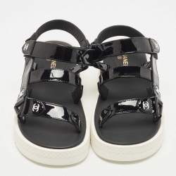 Pre Owned Chanel Black Patent Leather CC Velcro Strap Sandals Size 36