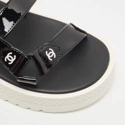Pre Owned Chanel Black Patent Leather CC Velcro Strap Sandals Size 36