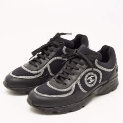Pre Owned Chanel Black Leather and Fabric CC Low Top Sneakers Size 40
