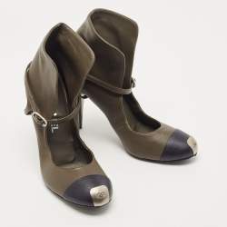 Pre Owned Chanel Green/Black Leather May Jane Pumps Size 38.5