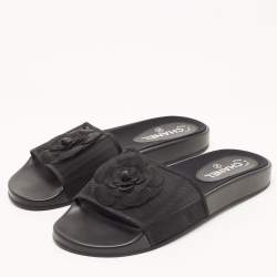 Chanel Black Mesh Camellia Slide Flat Sandals Size 40