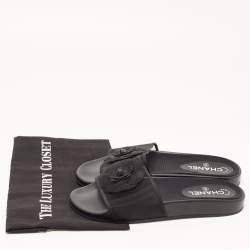 Chanel Black Mesh Camellia Slide Flat Sandals Size 40
