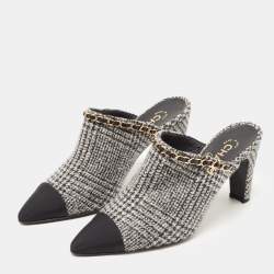 Chanel Grey/Black Wool and Canvas CC Chain Link Mules Size 38.5