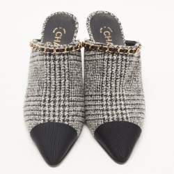 Chanel Grey/Black Wool and Canvas CC Chain Link Mules Size 38.5