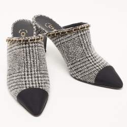 Chanel Grey/Black Wool and Canvas CC Chain Link Mules Size 38.5