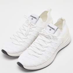 Pre Owned Chanel White Knit Fabric Lace Up Sneakers Size 42