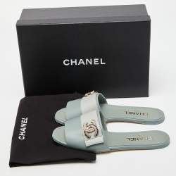 Pre Owned Chanel Pale Green Leather Crystal/Pearl Embellished CC Logo Flat Slides Size 38.5