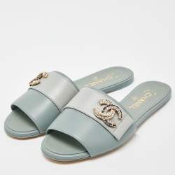 Pre Owned Chanel Pale Green Leather Crystal/Pearl Embellished CC Logo Flat Slides Size 38.5