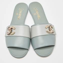 Pre Owned Chanel Pale Green Leather Crystal/Pearl Embellished CC Logo Flat Slides Size 38.5