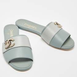 Pre Owned Chanel Pale Green Leather Crystal/Pearl Embellished CC Logo Flat Slides Size 38.5