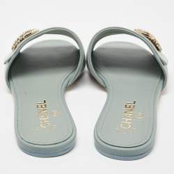 Pre Owned Chanel Pale Green Leather Crystal/Pearl Embellished CC Logo Flat Slides Size 38.5