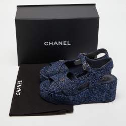 Chanel Blue Tweed Criss Cross CC Platform Sandals Size 38