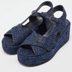 Chanel Blue Tweed Criss Cross CC Platform Sandals Size 38