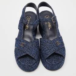 Chanel Blue Tweed Criss Cross CC Platform Sandals Size 38