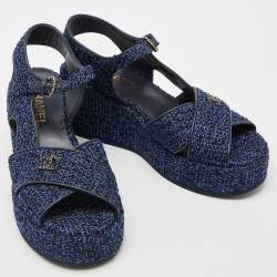 Chanel Blue Tweed Criss Cross CC Platform Sandals Size 38