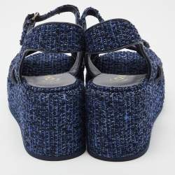 Chanel Blue Tweed Criss Cross CC Platform Sandals Size 38