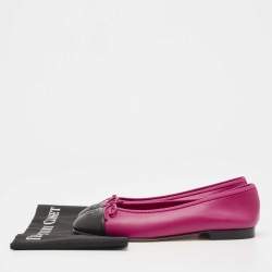 Pre Owned Chanel Pink/Black Leather CC Bow Ballet Flats Size 38.5