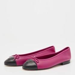 Pre Owned Chanel Pink/Black Leather CC Bow Ballet Flats Size 38.5