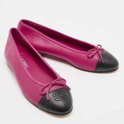 Pre Owned Chanel Pink/Black Leather CC Bow Ballet Flats Size 38.5
