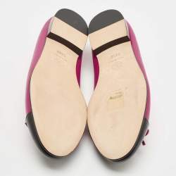 Pre Owned Chanel Pink/Black Leather CC Bow Ballet Flats Size 38.5