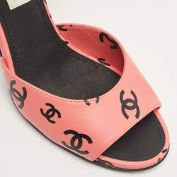 Chanel Pink/Black CC Print Leather Ankle Strap Sandals Size 38.5