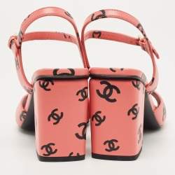 Chanel Pink/Black CC Print Leather Ankle Strap Sandals Size 38.5