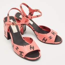 Chanel Pink/Black CC Print Leather Ankle Strap Sandals Size 38.5