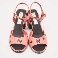 Chanel Pink/Black CC Print Leather Ankle Strap Sandals Size 38.5