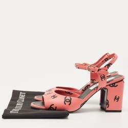 Chanel Pink/Black CC Print Leather Ankle Strap Sandals Size 38.5