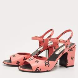 Chanel Pink/Black CC Print Leather Ankle Strap Sandals Size 38.5