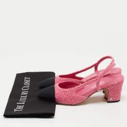 Pre Owned Chanel Pink/Black Tweed and Canvas CC Slingback Pumps Size 38.5