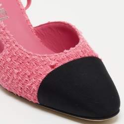 Pre Owned Chanel Pink/Black Tweed and Canvas CC Slingback Pumps Size 38.5
