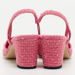 Pre Owned Chanel Pink/Black Tweed and Canvas CC Slingback Pumps Size 38.5