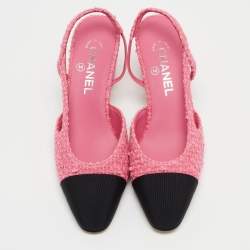 Pre Owned Chanel Pink/Black Tweed and Canvas CC Slingback Pumps Size 38.5